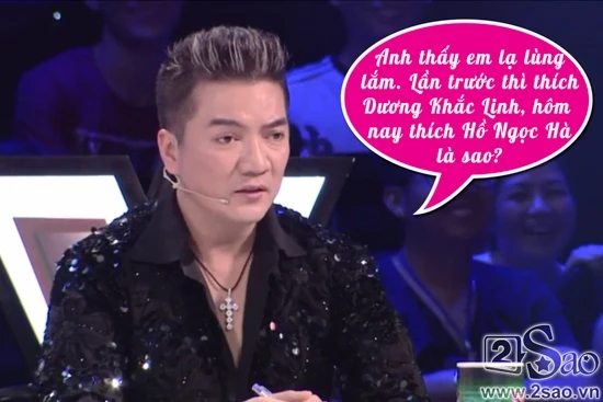 Trước phần nhận xét của các giám khảo, MC Nguyên Khang luôn ưu ái dành tình cảm của mình cho Hồ Ngọc Hà khiến Mr. Đàm cũng phải thốt lên: “Anh thấy em lạ lùng lắm. Lần trước thì thích Dương Khắc Linh, hôm nay thích Hồ Ngọc Hà là sao?”