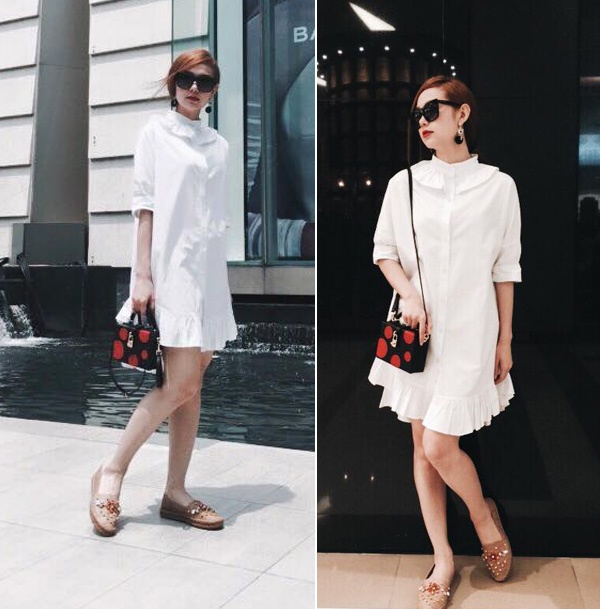 ừ một nữ ca sĩ có gu thời trang kém sang và đơn điệu, Minh Hằng ngày càng thay đổi diện mạo ngoạn mục với những set đồ trẻ trung, ấn tượng và đẹp mắt. Chiếc váy màu trắng tinh khôi dáng suông được Minh Hằng mix cùng túi hộp  chấm bi và giày đế bệt trang trí điệu đà. Set đồ thoải mái nhưng không kém  phần gợi cảm, bắt mắt.