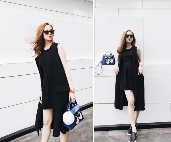 Sở hữu làn da trắng mịn màng nên Minh Hằng nổi bật khi khoác lên mình bộ  cánh màu đen. Túi 