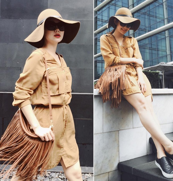 Trang phục, túi và mũ gam màu camel vừa đẹp nền nã lại rất sang trọng. Gam màu này cũng được nhiều mỹ nhân thế giới cũng như giới trẻ ưa chuộng.