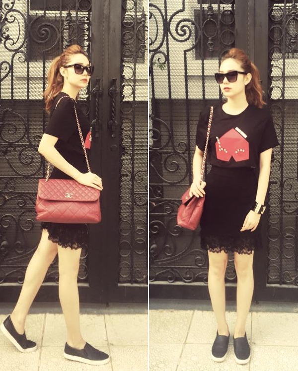 Khi diện bộ tối màu, bạn nên phối phụ kiện sặc sỡ gam màu đỏ như của nữ ca sĩ để khẳng định đẳng cấp vượt trội trong cách ăn mặc, chọn lựa đồ, tạo điểm  nhấn nhá cho vóc dáng.