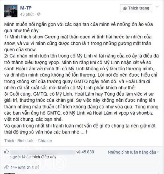 Sơn Tùng cũng nhanh nhạy lên tiếng bênh vực Mỹ Linh và Hoài Lâm