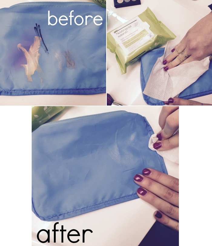 Sau một thời gian sử dụng, chiếc túi đựng đồ trang điểm của bạn sẽ không khác gì bức vẽ nguệch ngoạc của một đứa bé. Tuy nhiên, bạn có thể làm sạch chúng chỉ trong vài giây. Đầu tiên, lộn trái chiếc túi, sử dụng khăn ướt tẩy trang lau vài lần là bạn sẽ có được chiếc túi sạch như mới.