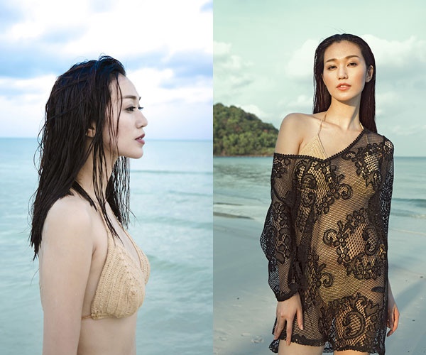 Khánh My điệu đà trước biển trong bộ bikini màu nude nhã nhặn. Người đẹp còn khéo léo tăng thêm phần hấp dẫn “nửa kín nửa hở” với chiếc áo choàng cũng được móc từ chất liệu len.