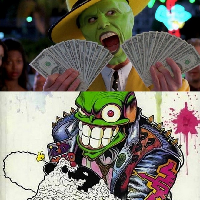 2. THE MASK (1994)  Web photo13  Bộ phim do Jim Carey đóng lấy ý tưởng từ bộ truyện tranh không mấy nổi tiếng cùng tên. Đáng chú ý là nếu như trên màn ảnh, The Mask là một câu chuyện hài hước thì ở bản truyện tranh gốc, nội dung của nó có tính chất nặng nề, hắc ám hơn.