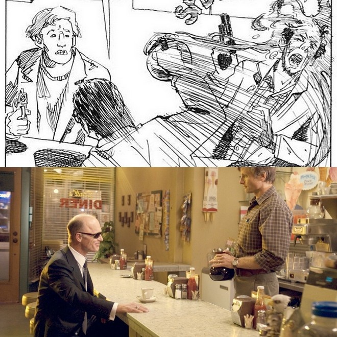 6. A HISTORY OF VIOLENCE (2005)  Web photo17  Khi xem A History of Violence, hầu như không ai có thể nghĩ rằng đây là một câu chuyện bắt nguồn từ truyện tranh. Cả phim lẫn bộ truyện tranh cùng tên đều kể câu chuyện về một người đàn ông sống ở thị trấn nhỏ với một quá khứ đầy bạo lực. Tuy nhiên, câu chuyện trong truyện tranh là một dạng truyện hình sự, tội ác khá rành mạch với nội dung giải thích chi tiết về những điều sẽ xảy ra trong quá khứ của nhân vật chính