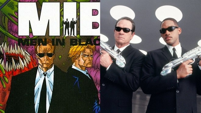 8. MEN IN BLACK (1997)  Web photo21  Trước khi trở thành một loạt phim ăn khách trên màn ảnh rộng, Men in Black là một bộ truyện tranh không mấy nổi bật và bị chuyền qua tay nhiều nhà phát hành khác nhau trước khi đến Marvel giữa thập niên 1990. Khác với phim, tạo hình của Jay trong truyện tranh là một anh chàng tóc vàng.
