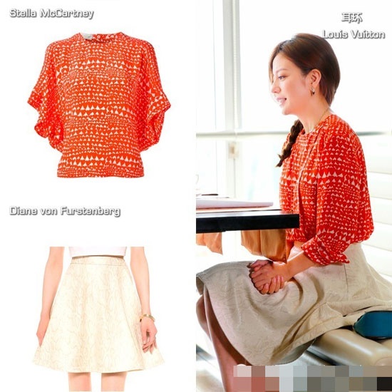 Người đẹp toát lên nét nữ tính với bông tai Louis Vuitton, áo Stella Mc Martney đi cùng chân váy Diane von Furstenberg.