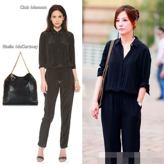 Trong nhiều set đồ, Triệu Vy thường có cách ăn mặc tối giản nhưng lại rất ấn tượng. Bộ jumpsuit hiệu Club Monaco kết hợp túi Stella McCartney và tóc búi cao khiến cô trẻ trung hơn nhiều so với tuổi 39.