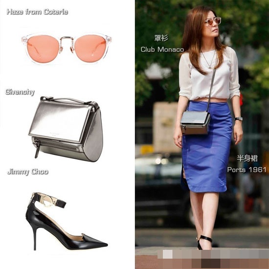 Quý cô công sở có thể học hỏi theo phong cách này của Triệu Vy. Áo Club Monaco, chân váy xanh Ports 1961, kính Coterie, túi Givenchy, giày Jimmy Choo là sự kết hợp mang tính thẩm mỹ cao.