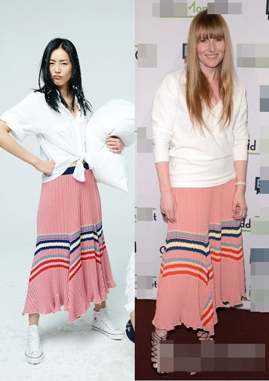 Nét đẹp sành điệu và năng động của Lưu Văn vượt trội hơn Tổng biên tập của Teen Vogue - Amy Astley trong chiếc váy hồng kẻ ngang hiệu Celine.