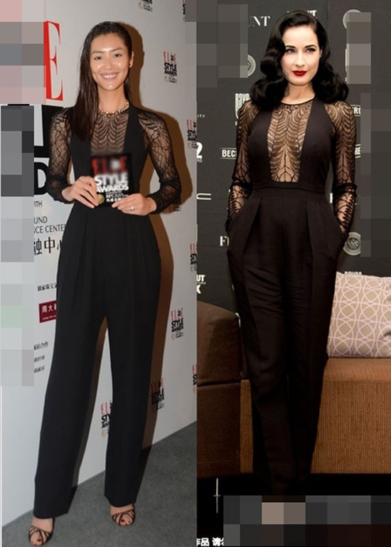 Dù vòng một nhỏ nhưng siêu mẫu số một châu Á vẫn gợi cảm không hề thua kém Dita von Teese trong bộ jumpsuit đen hiệu Gucci.