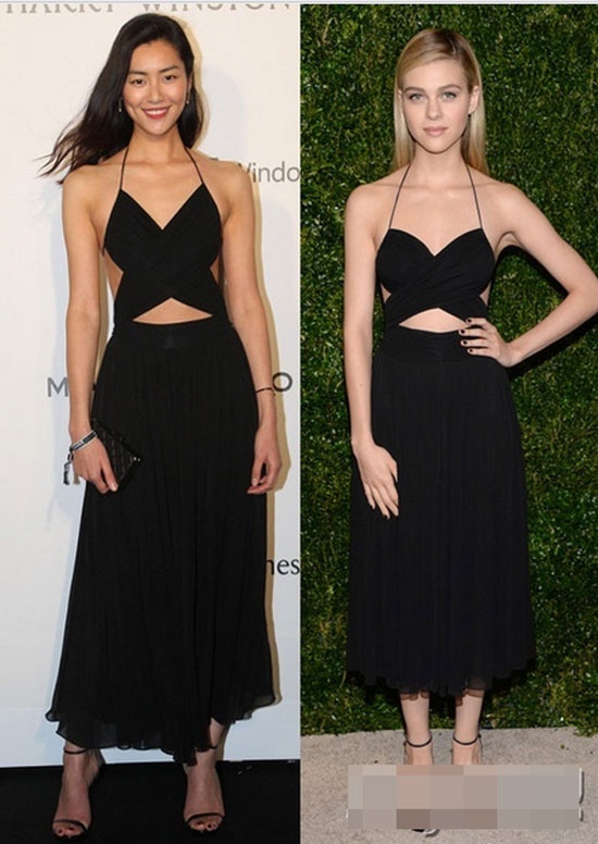 Người đẹp sinh năm 1988 và nữ diễn viên Nicola Peltz mỗi người một vẻ trong thiết kế váy cut -out hiệu Michael Kors.