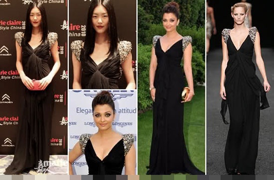 Siêu mẫu Trung Quốc Lưu Văn tham dự buổi tiệc của tạp chí Marie Claire với bộ váy đen dài hiệu Elie Saab. Hoa hậu Thế giới 1994 Aishwarya Rai cũng trùng hợp ý tưởng lựa chọn đồ như Lưu Văn.