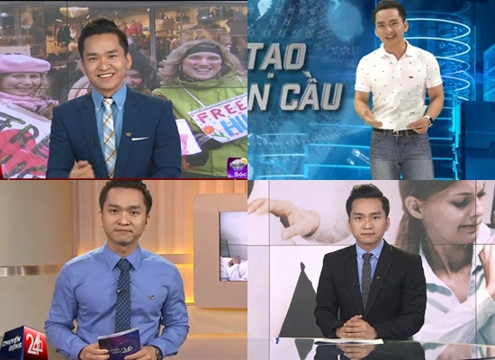 MC điển trai Hạnh Phúc nổi bật với áo sơ mi màu xanh dương dịu mắt. Chiếc áo  vest với tông màu đậm hơn khiến bộ trang phục bớt đi sự nhàm chán và đơn  điệu. Hình ảnh thun quần jean năng động của anh rất đúng với tinh thần của  Thế giới 24h Chuyển động. 