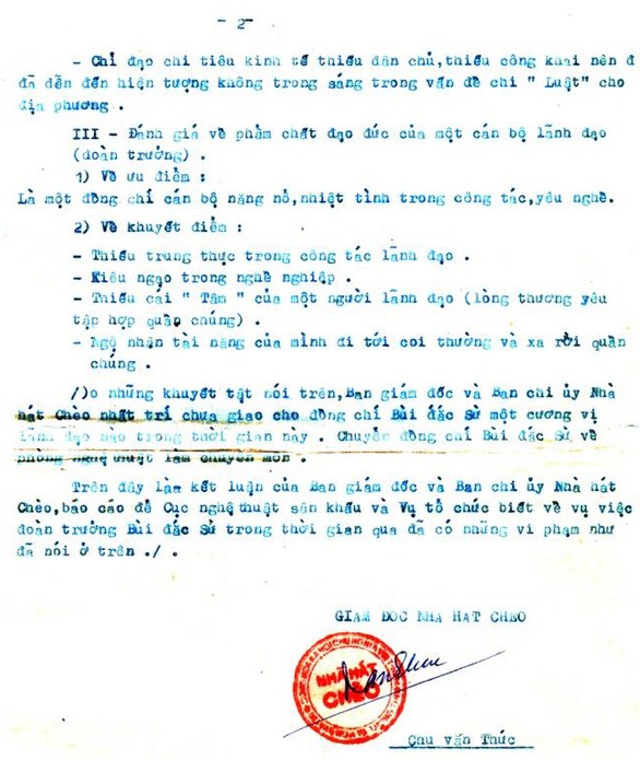 Kết luận của Nhà hát chèo Việt Nam về những sai sót của ông Bùi Đắc Sừ khi ông còn làm trưởng đoàn