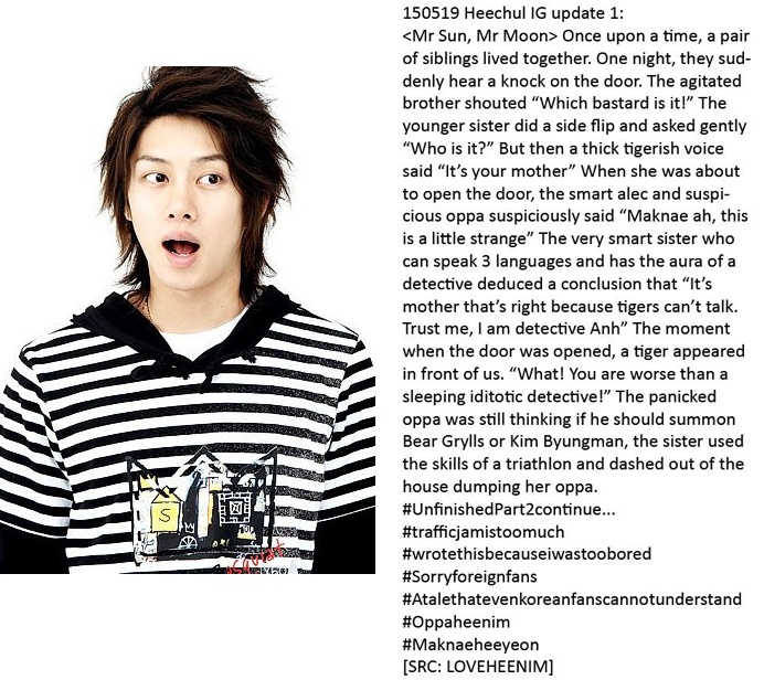 Anh chàng Hee Chul điển trai của Super Junior thì lại thích làm thơ và sáng tác truyện... viễn tưởng. Trong hình là một trong những tác phẩm được anh hé lộ trên trang ảnh cá nhân Instagram.