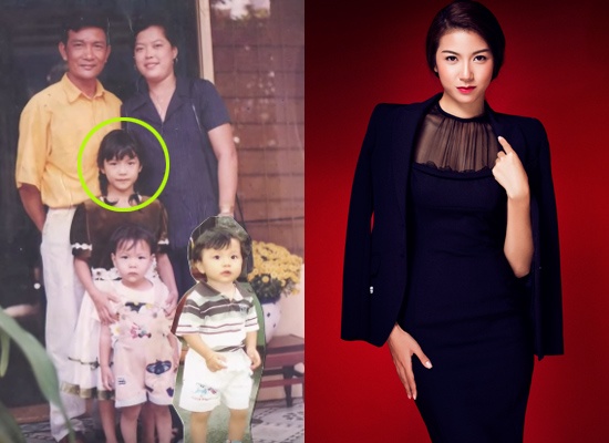 Hoa hậu Quốc tế Việt Nam - Phạm Hồng Thúy Vân ngày bé thường thắt bím tóc  hai bên trông khá đáng yêu. Cô có 2 em trai tên là Hồng Đức và Tommy.