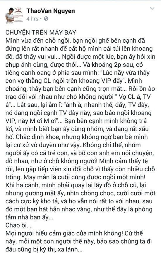 Chia sẻ của MC Thảo Vân trên trang cá nhân.