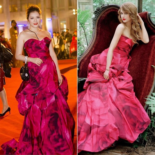 Trong khi Taylor Swift quá xinh đẹp, yêu kiều thì Lý Nhã Kỳ lại rườm rà và nặng nề khi cùng diện thiết kế đến từ nhà mốt Monique Llhuillier.