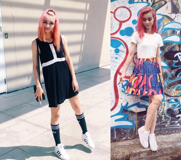 Mai Ly lúc nữ tính với chân váy xòe ngắn, khi lại khỏe khoắn với  váy dáng suông, giày thể thao buộc dây.