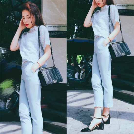 Ninh Dương Lan Ngọc trẻ trung, khỏe khoắn với set đồ denim on denim.  Đôi giày hồng mũi nhọn là điểm nhấn đồng thời giúp cô nàng kéo dài chiều cao