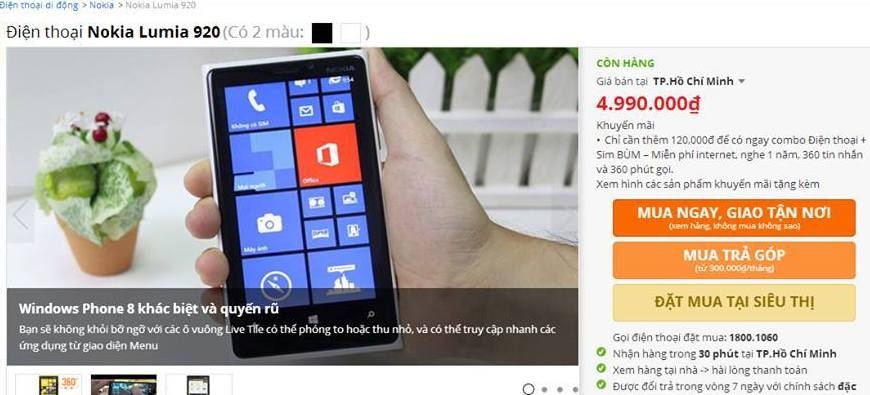 Thông tin Lumia 920 giá còn 4,5 triệu trên website một hệ thống di động.