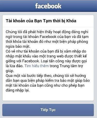 Hình ảnh Facebook thông báo tài khoản bị khóa