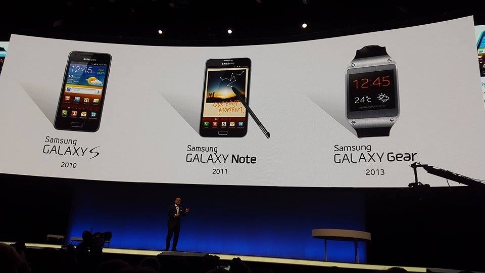 Đại diện hãng lên sân khấu. Vị này bắt đầu điểm qua những sản phẩm tiên phong trước đây của Samsung như chiếc Galaxy S đời đầu, Galaxy Note I và Galaxy Gear.