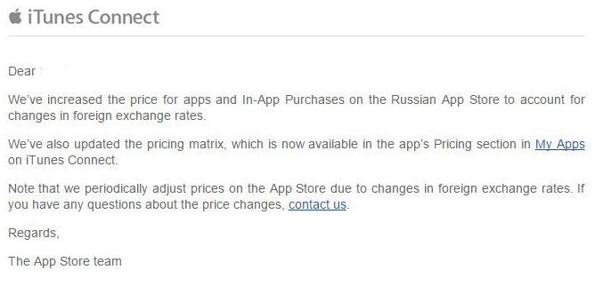 Một người Việt dùng tài khoản App Store Nga nhận được thông báo thay đổi giá bán ứng dụng từ Apple.