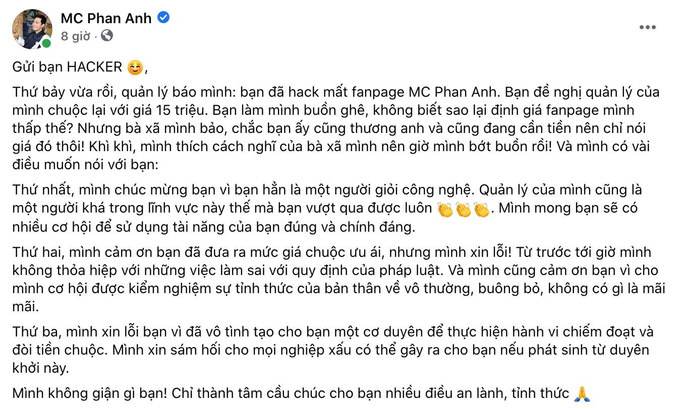 MC Phan Anh bi hack fanpage tren Facebook anh 1