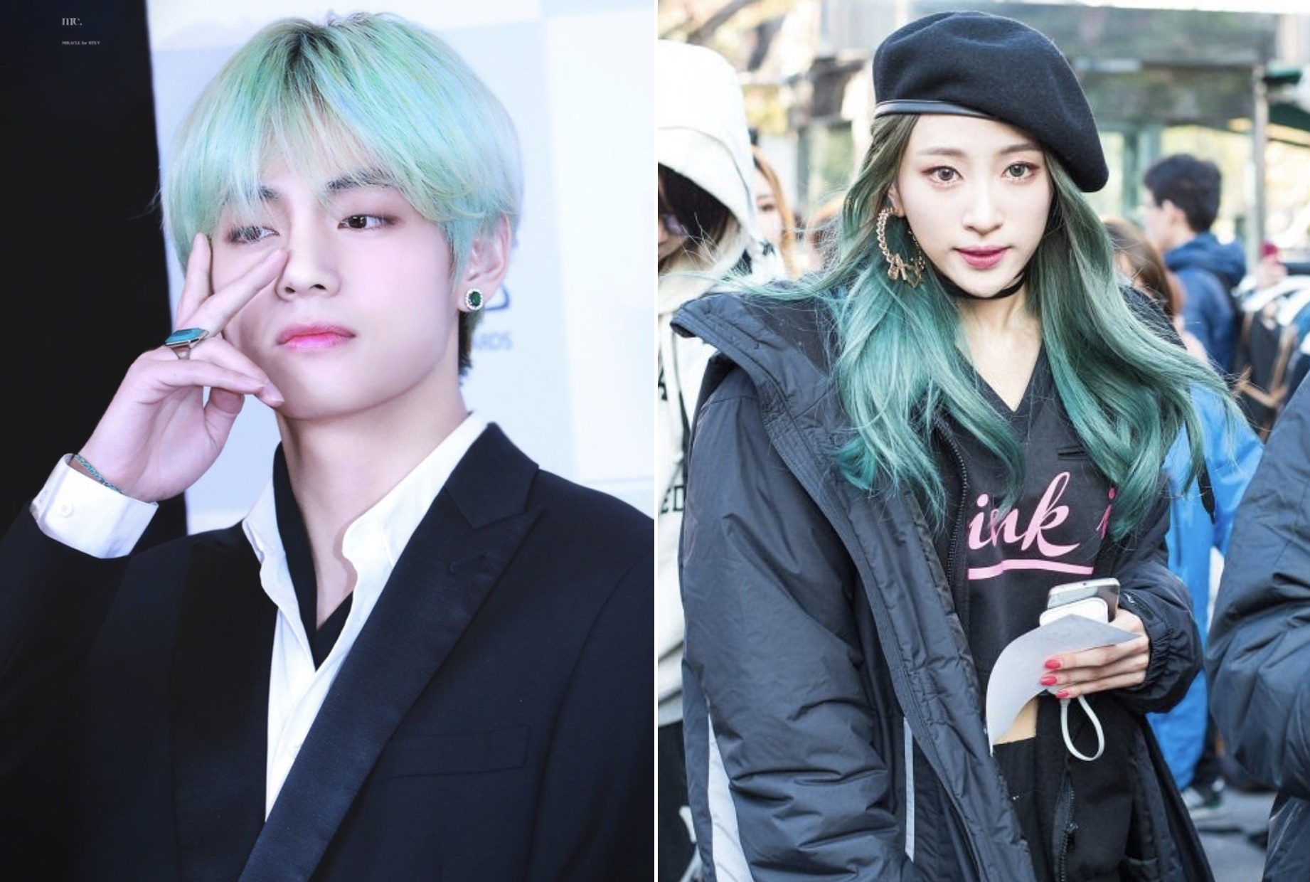 V (BTS) va dan sao Han len doi nhan sac nho nhuom toc xanh la cay hinh anh