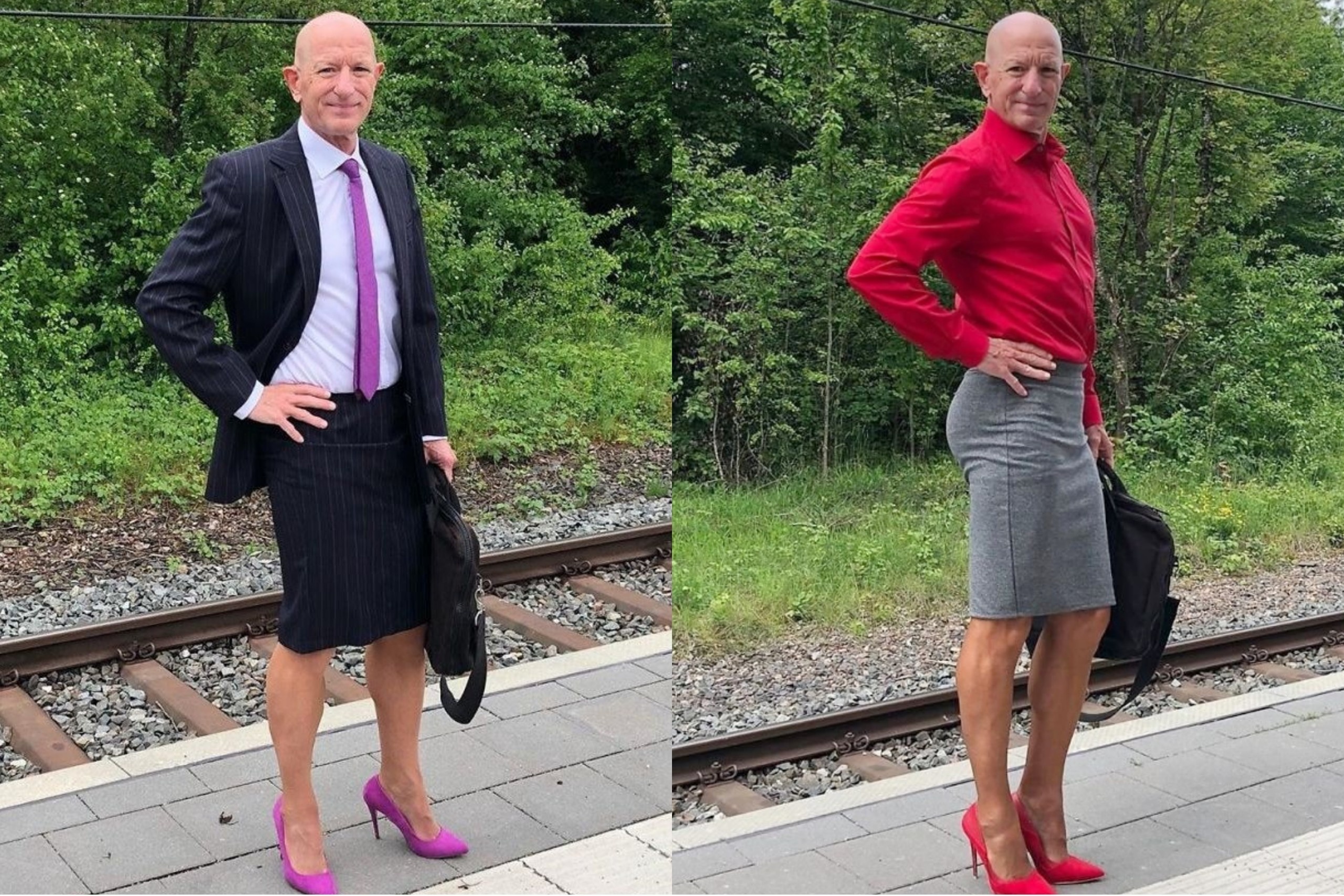 Nguoi dan ong dien vay va giay cao got di lam hinh anh