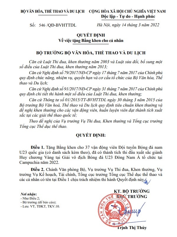 u23 viet nam duoc khen thuong anh 1