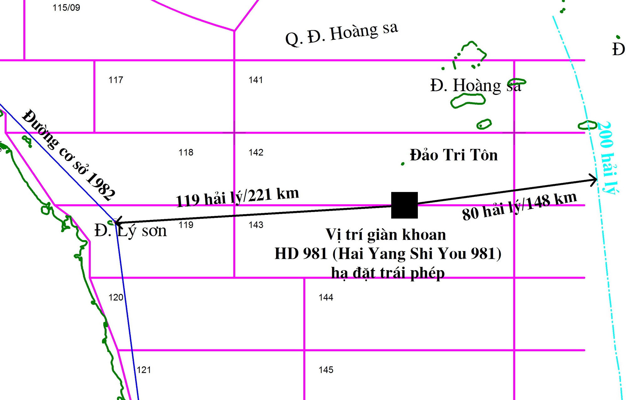 Bản đồ minh họa vị trí giàn khoan Hải Dương 981 của Trung Quốc hạ đặt trái phép trong vùng đặc quyền kinh tế, thềm lục địa Việt Nam.