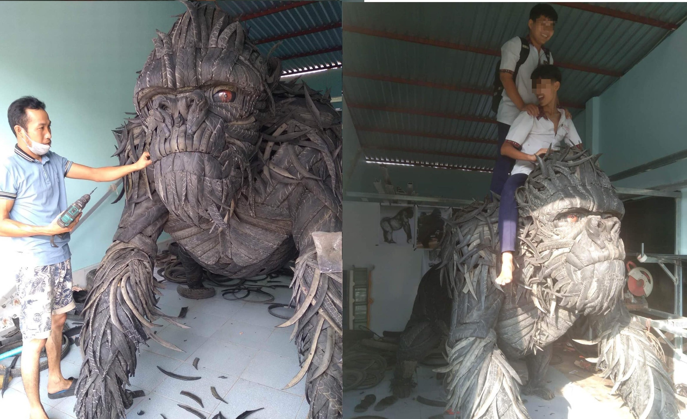 Chang trai mien Tay lam mo hinh King Kong tu lop xe hinh anh