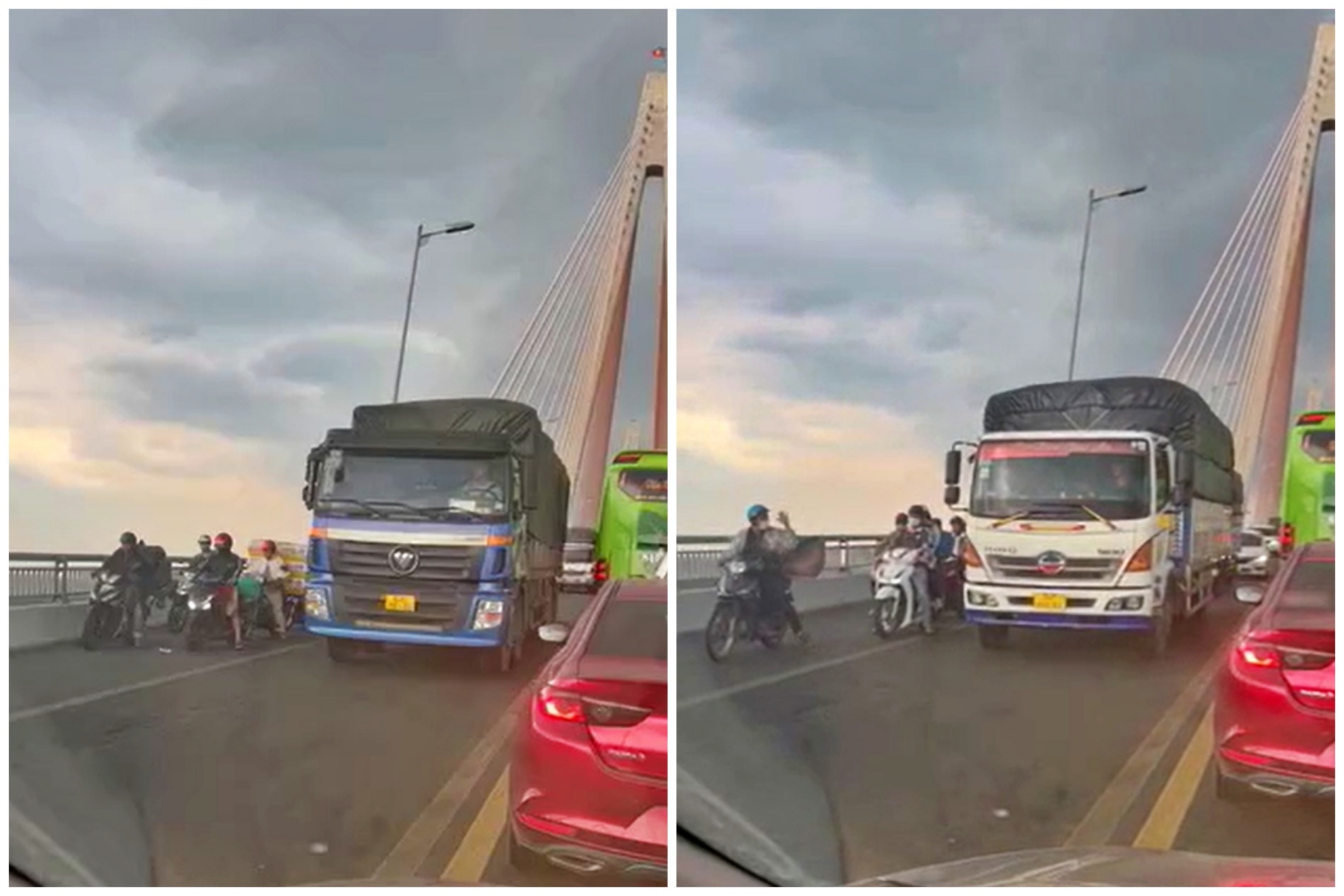 Gio loc thoi manh tren cau, tai xe xe tai co hanh dong gay sot mang hinh anh