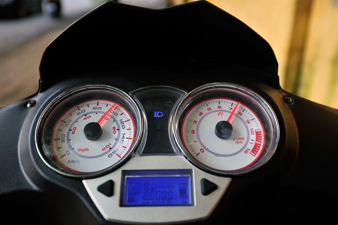 Cụm đồng hồ hiển thị của Caffe Nero được thiết kế lớn. Đồng hồ báo tốc độ và vòng tua máy dạng analog, trong khi đó một đồng hồ điện tử được tích hợp để hiển thị các thông số khác như tốc độ, hành trình, nhiên liệu, nhiệt độ… Ngoài ra, các đèn báo khác được thiết kế gọn nằm giữa 2 đồng hồ analog. 