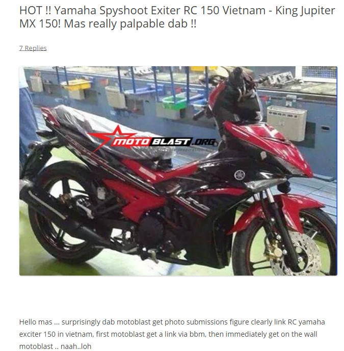 Hình ảnh Exciter 150 rò rỉ tại Việt Nam được đăng tải trên Motoblast.