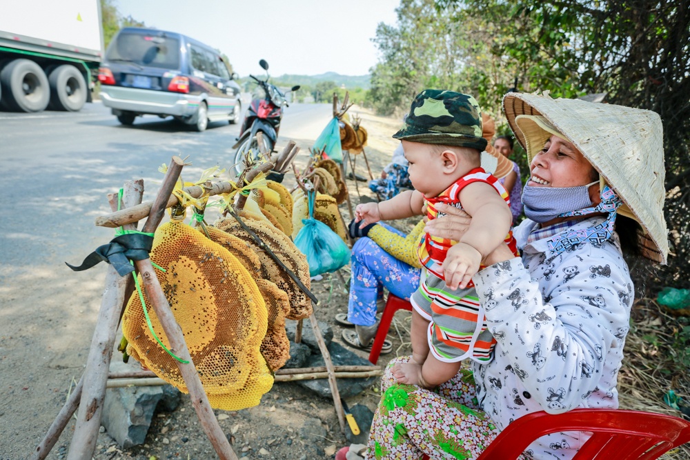 Mật ong rừng bày bán nguyên tổ để chào mời khách mua trên QL1 đoạn qua dốc Quán Cau, huyện Tuy An.Vài năm gần đây, mật ong rừng ngày càng khan hiếm nên giá thường từ 1 triệu đồng/lít