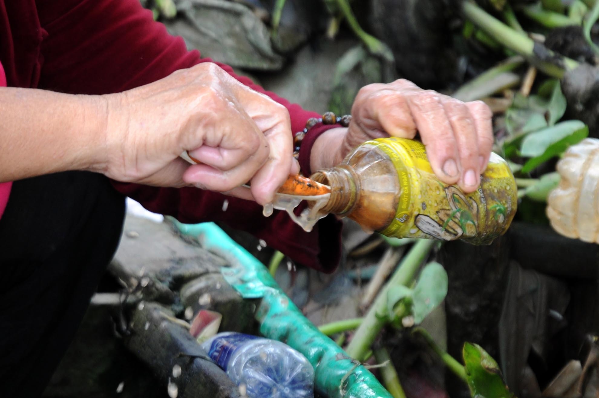 Tuy nhiên, những chai nhựa bà lượm được trên sông, về phải dùng bàn chải chà sạch từ trong ra ngoài thì mới bán được.