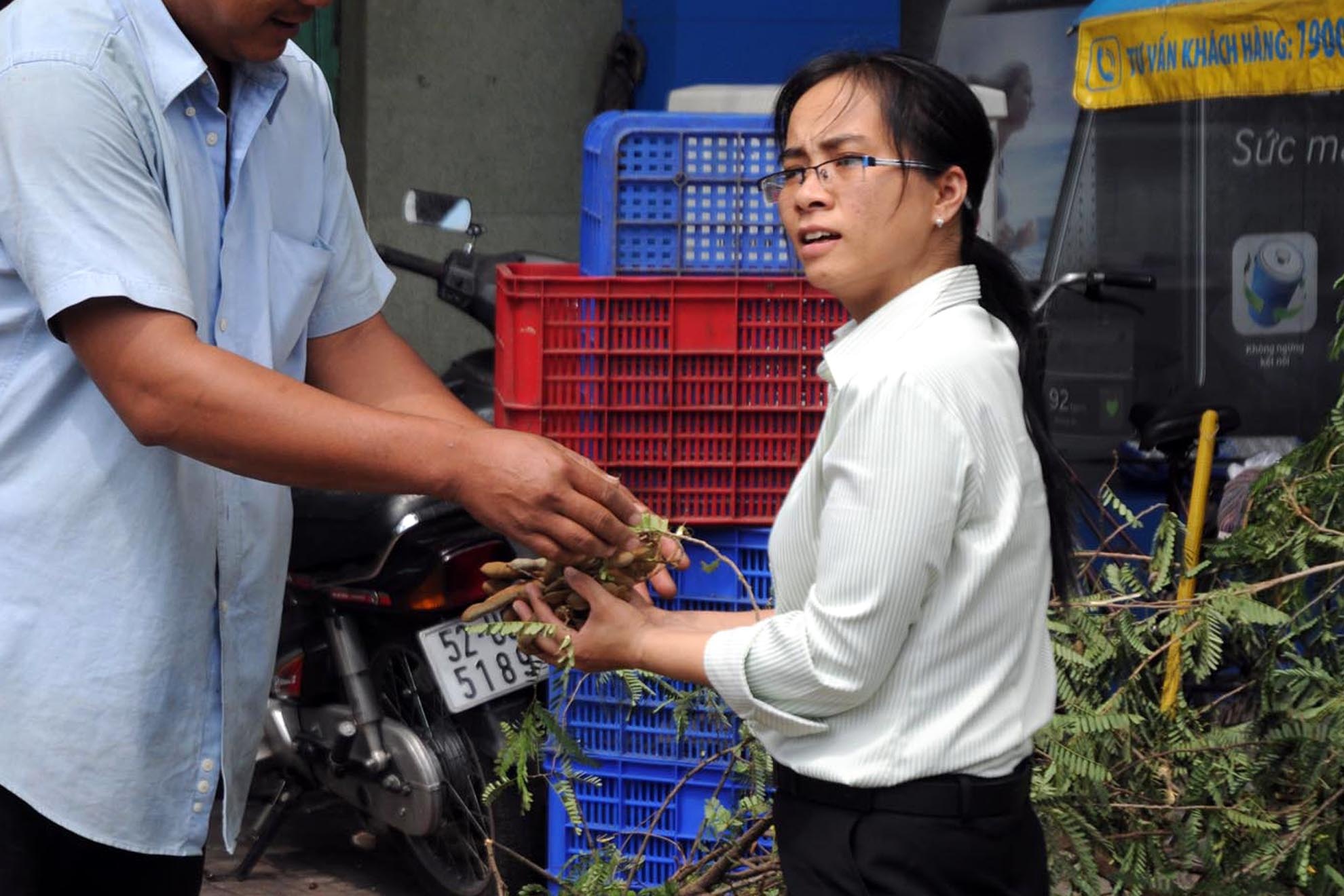 Một nhân viên cửa hàng điện thoại gần đó cũng ra hái me cho bữa ăn tối của gia đình.