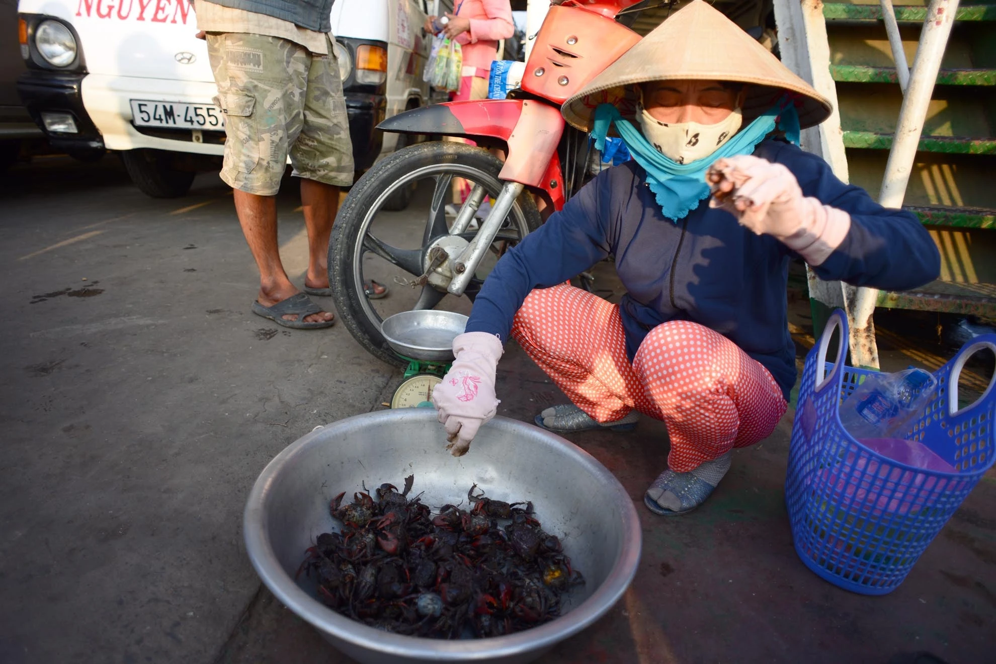 Những chuyến phà là nơi tập trung nhiều người nhất. Những người qua phà mệt mỏi đường xa hay những khách du hành trên đường trở về nhà thường có nhu cầu mua quà, vì vậy  nhiều người dân lên đó buôn bán kiếm thêm thu nhập. Người phụ nữ này đem bán mớ ba khía vừa bắt được đêm qua trong rừng ngập mặn Cù Lao Dung, Sóc Trăng bán cho nhưng khách qua sông lâu ngày chưa được ăn món quê dân dã.