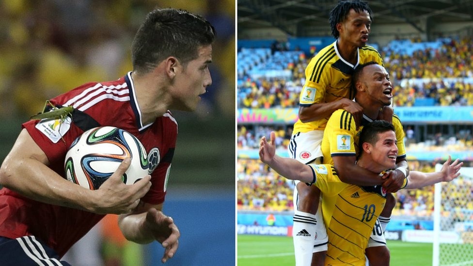 Colombia's James Rodriguez as he runs back with the ball after scoring his side's first goal during the World Cup quarter-final soccer match between Brazil and Colombia