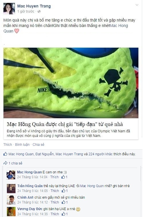 Chị gái Mạc Hồng Quân gửi tặng em trai đôi giày thi đấu mới trước trận gặp UAE. Nhiều bạn bè bình luận chúc tiền đạo Việt kiều sẽ ghi bàn vào lưới đội bóng Tây Á.