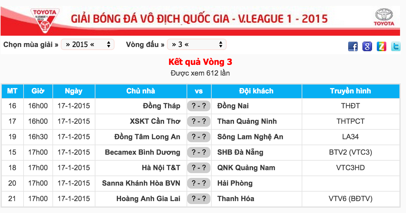 Lịch thi đấu và truyền hình trực tiếp vòng 3 V.League 2015.