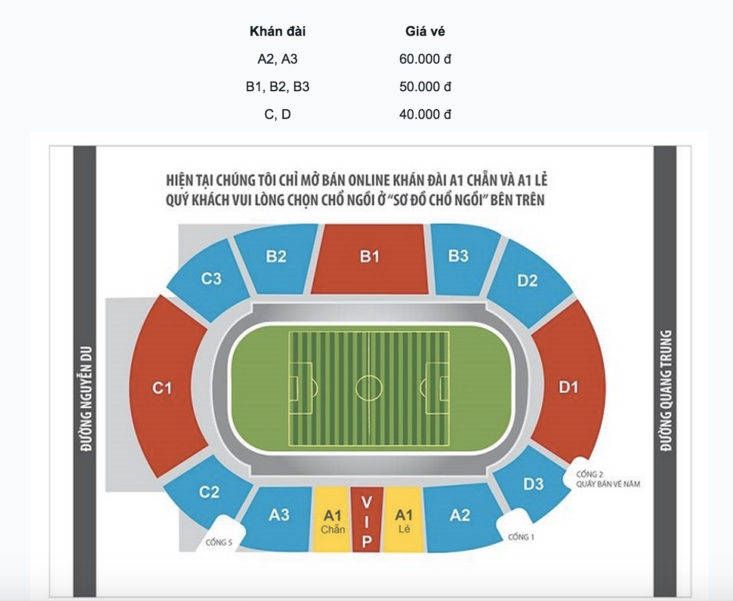 Sơ đồ và giá vé trên SVĐ Pleiku.