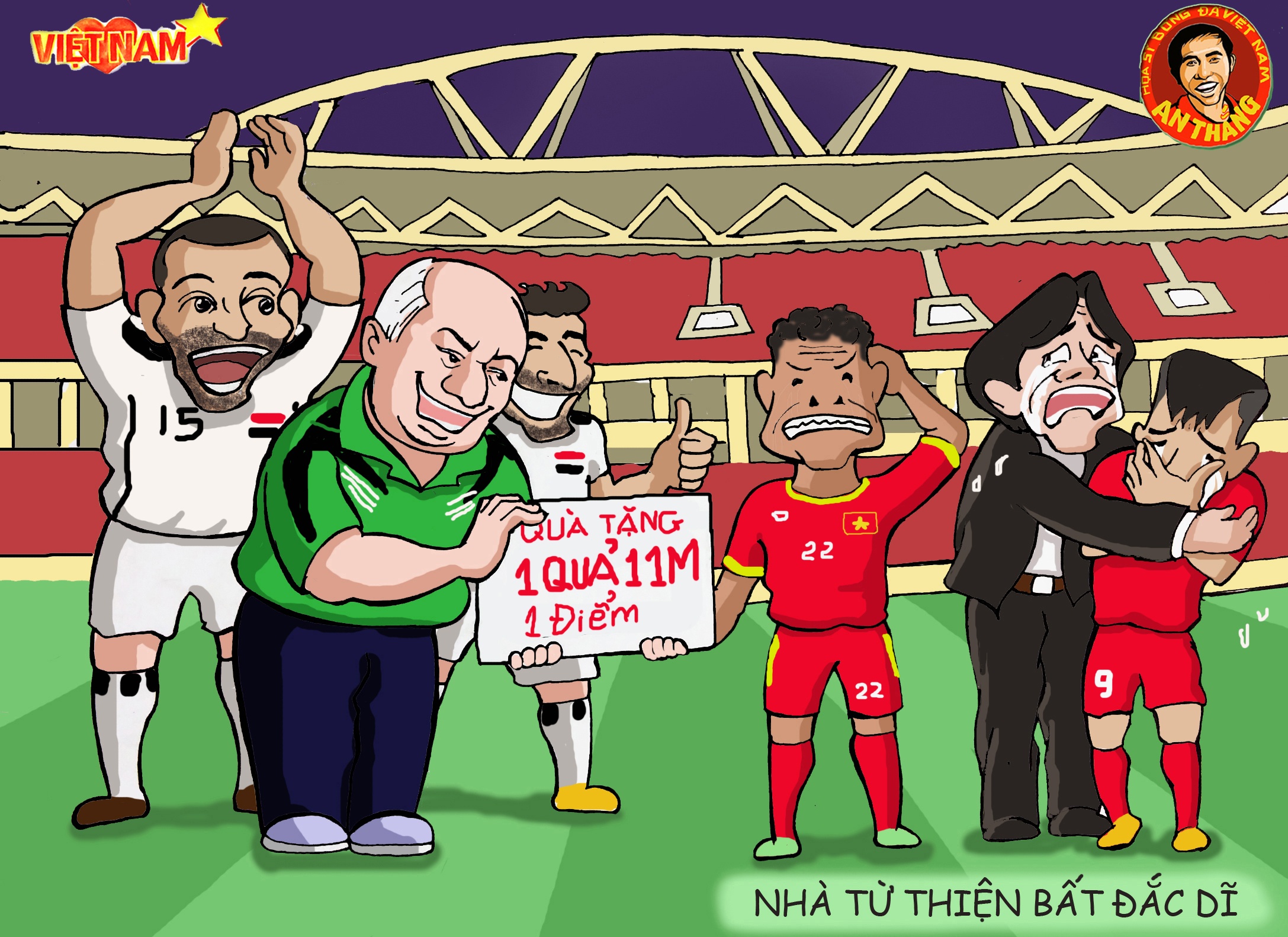 Ba điểm đã tưởng chừng nằm chắc trong tay , thì những giây cuối đội tuyển của chúng ta phải chịu sự trớ trêu của bóng đá , khi đội bạn gỡ hoà từ pha đá phạt 11m thành công sau pha bóng vô tình chạm tay của Thanh Hiền. Thương cho Thanh Hiền khi anh trở thành Nhà từ thiện bất đắc dĩ.