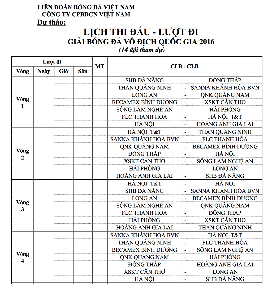 Lịch thi đấu dự kiến 4 vòng đầu V.League 2015.