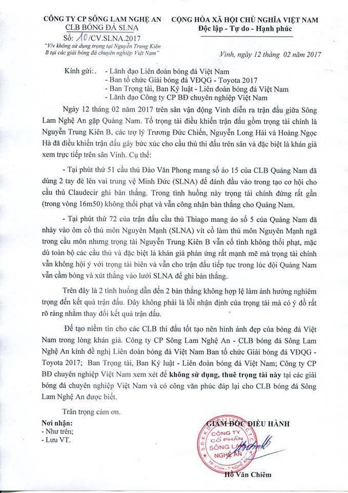 VFF đình chỉ trọng tài bị SLNA kiện ảnh 2 VFF dinh chi trong tai bi SLNA kien anh 2